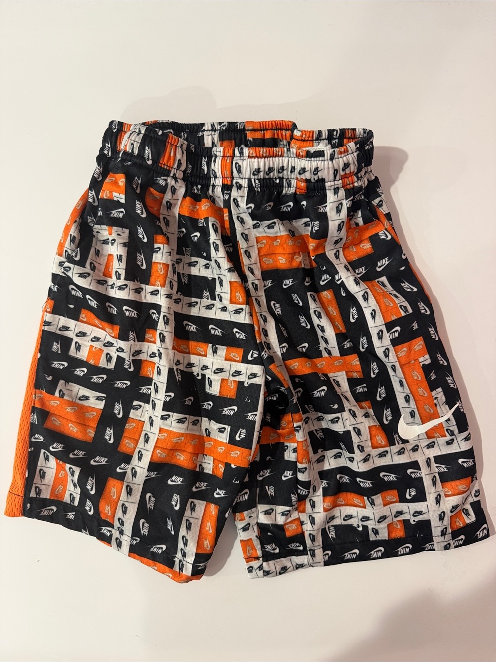 Boys size 7 Nike Black, Orange & White Logo-Block Athletic Shorts